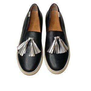Sylvia Noster Slip-on Sneakers with Silver Tassels Women Size 8 Black Leather